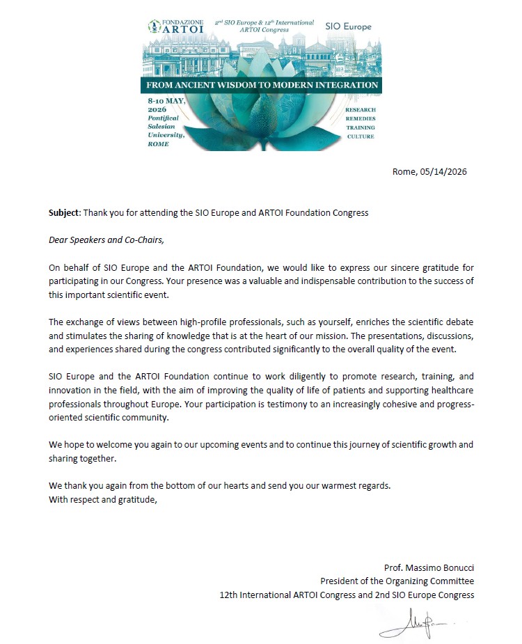 Scrisoare de multumire participare congress hipertermie si medicina integrativa ARTOI SIO SIIO 2026