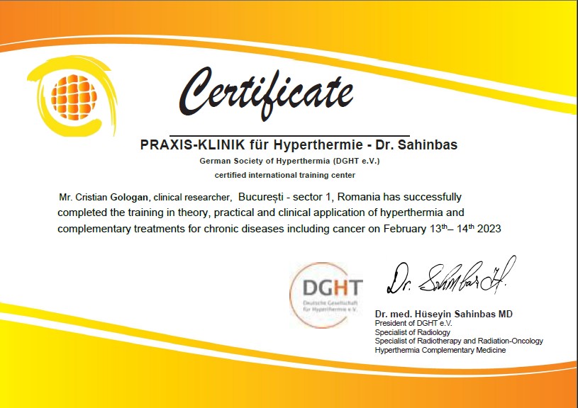 certificat hipertermie oncologica DGHT eV MSc. ing. Gologan Cristian
