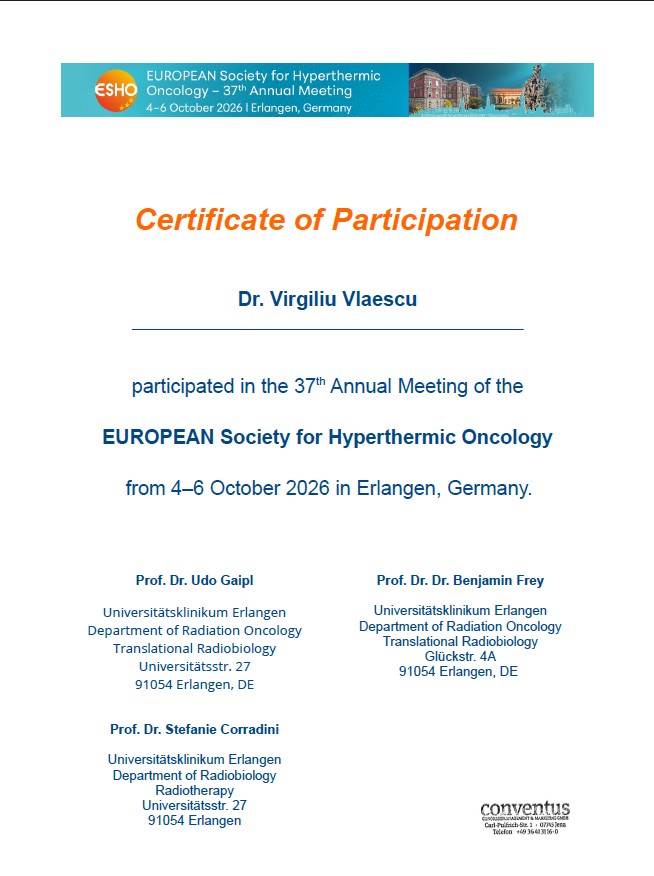 certificate attendance ESHO hyperthermia congresss Virgiliu Vlaescu Societatea Romana Hipertermie Oncologica